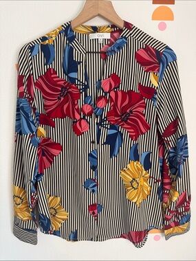 Ovi Striped Button-Up Top with Red, Blue & Yellow Floral Print N0271